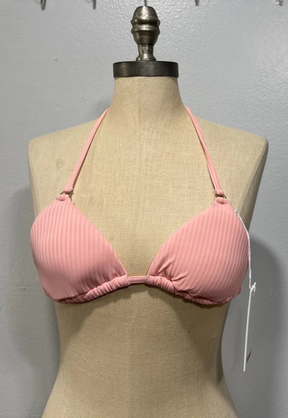 Vitamin A Women's Gia Ring Triangle Bikini Top Swimwear Pink Coral Size M Ribbed